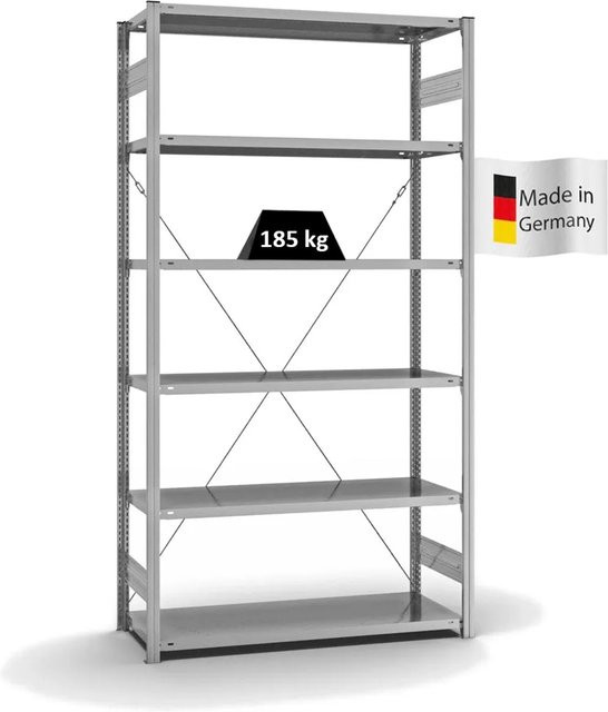 PROREGAL Fachbodenregal Stecksystem T-Profil Light-Duty, verzinkt, Farbe: Silber/Grau, H x B x T: 250 x 130 x 50 cm, 6 Ebenen, Fachlast 185 kg, einseitig nutzbar - Bild 1