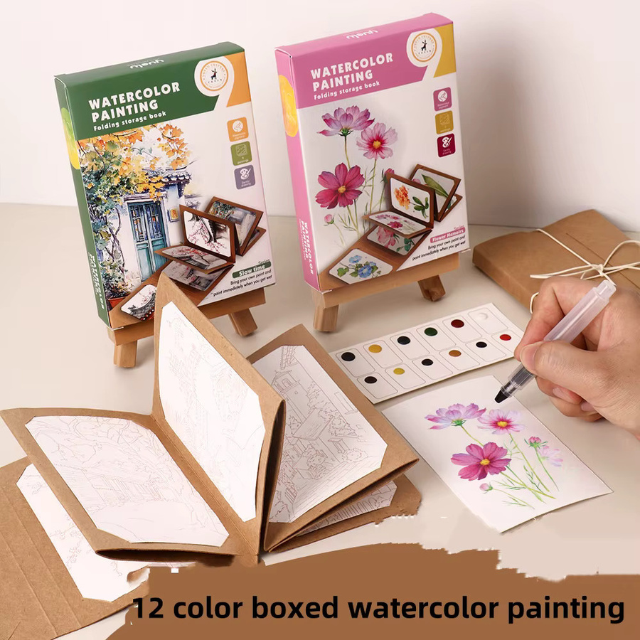 Bview Art Künstlerisches Aquarell-Set mit 12 Pannen in Pink und Multicolour inklusive erweiterbarem Kraftpapier-Ordner als kompaktes Reise-Malzubehör - Bild 2