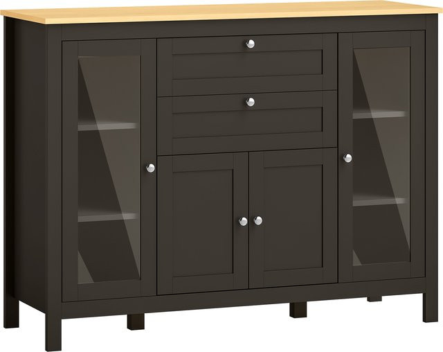 Aosom Sideboard in Schwarz mit Glastüren und Schubladen, modernes Aufbewahrungsmöbel für Esszimmer und Küche, B/T/H: 120 x 40 x 90 cm - Bild 1