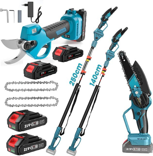 2-in-1 Teleskop-Astsäge und elektrische Gartenschere mit 6 Zoll Kettensäge und 25mm bürstenlosem Schneidwerkzeug, blau, kompatibel mit Makita 21V Akku - Bild 1