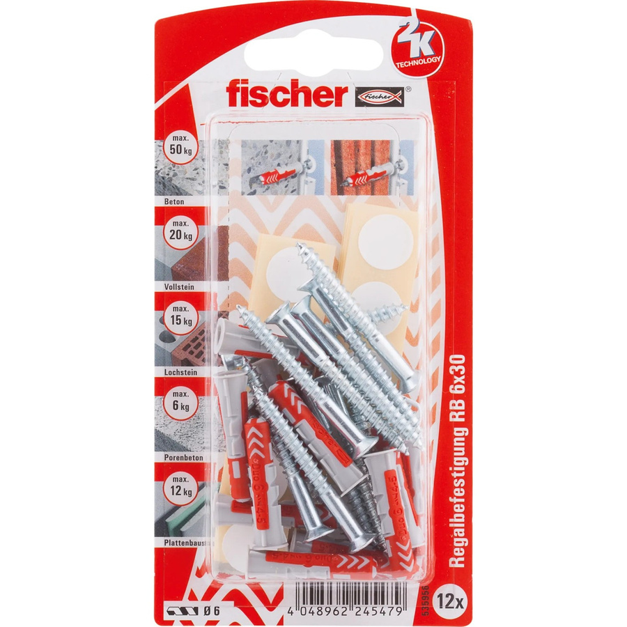 Fischer DuoPower Dübel in Grau und Rot, Durchmesser: 6 mm, Länge: 30 mm, 12 Stück mit Schraube - Bild 2