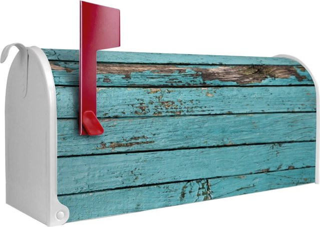 Banjado Amerikanischer Briefkasten Weiß mit blauen Holzlatten und roter Fahne, B/T/H: 48 x 22 x 16 cm - Bild 1