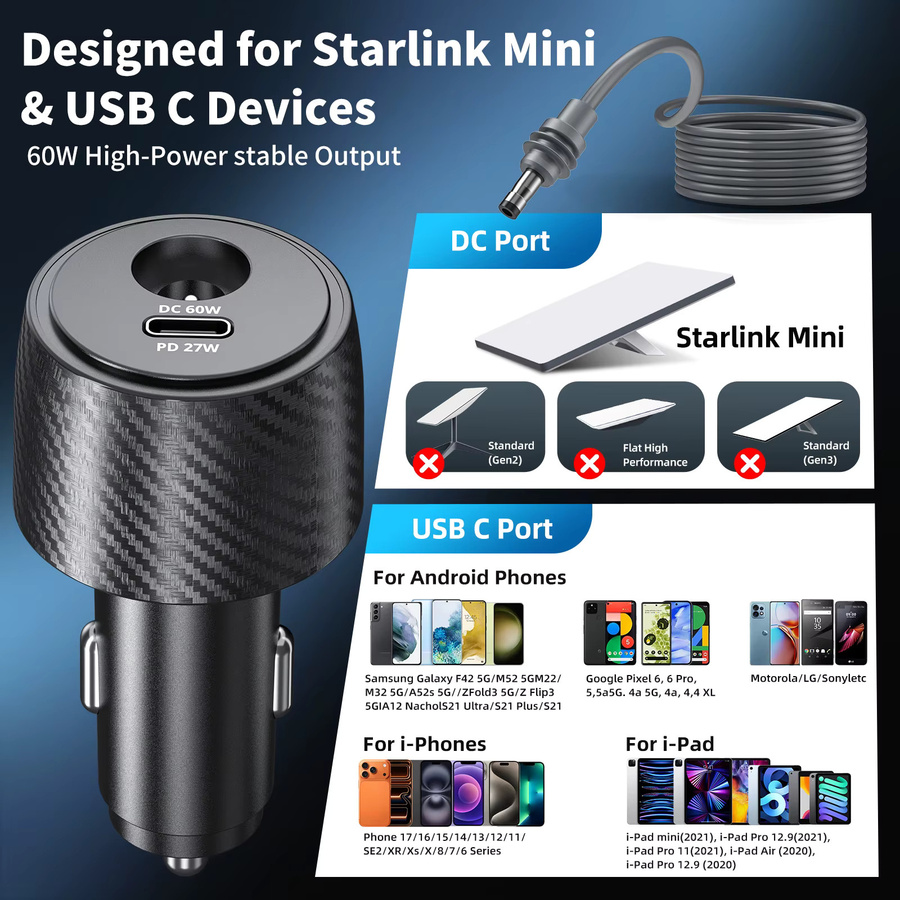 ANMONE 2-in-1 Auto-Stromadapter mit 60W DC und 27W PD Step-Up-Booster für Starlink Mini, Schwarz - Bild 4
