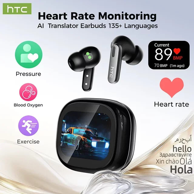 HTC NE46 Sport Bluetooth In-Ear Kopfhörer mit Herzfrequenzmesser, LED-Touchscreen, Rauschunterdrückung und KI-Übersetzer in Schwarz - Bild 1