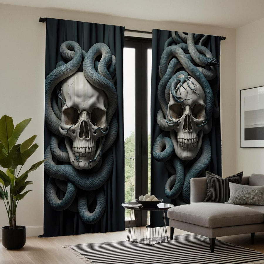2er-Set dekorative Vorhänge mit Schlange und Totenkopf-Motiv in Schwarz, B: 132 cm, H: 160 cm - Bild 3