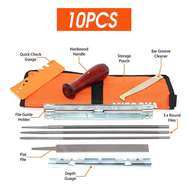 QDS Professionelles Kettensäge Schärf-Set mit 10-12 Teilen inklusive Rund- und Flachfeilen sowie Führungsschienen-Guide für Hartholz - Bild 2