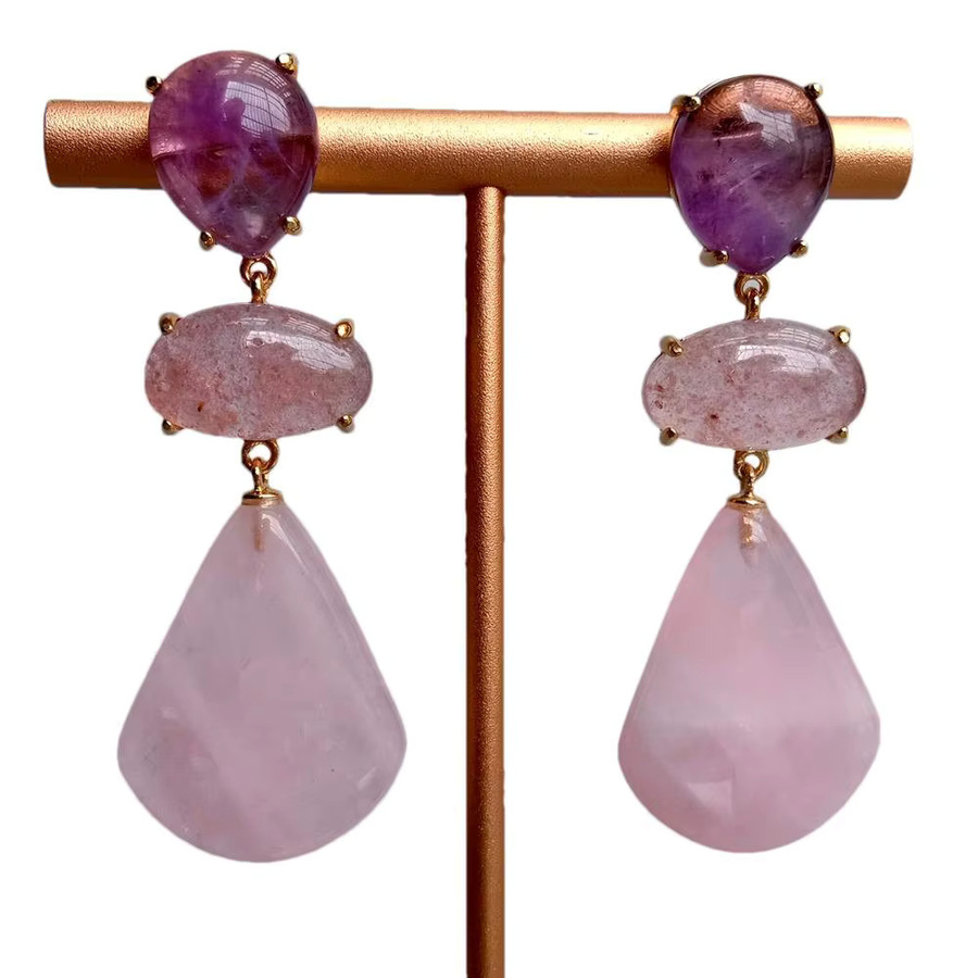 YYGEM Ohrstecker, vergoldet, Amethyst, Erdbeerquarz - Bild 3