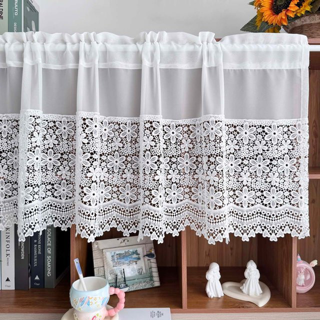 Tiyana Volantvorhang aus weißer, transparenter Spitze mit floralem Blumenmuster für Küche und Wohnzimmer - Bild 1