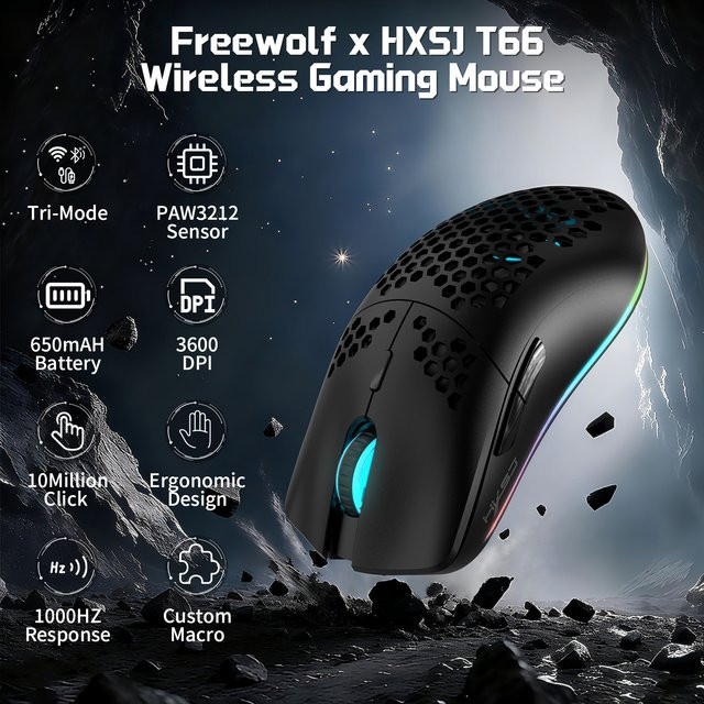 Ziyoulang T66 PC-Gaming-Maus mit RGB-Beleuchtung, kabellos via Bluetooth oder 2,4 G sowie kabelgebunden, leichtes Wabengehäuse, Makroprogrammierung und 650 mAh Akku, Schwarz - Bild 1