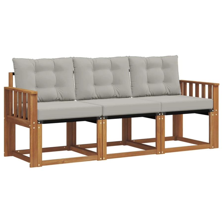 vidaXL Outdoor-Sofagarnitur 3-teilig aus Akazienholz und Textilene in Grau mit Kissen und Armlehnen - Bild 2