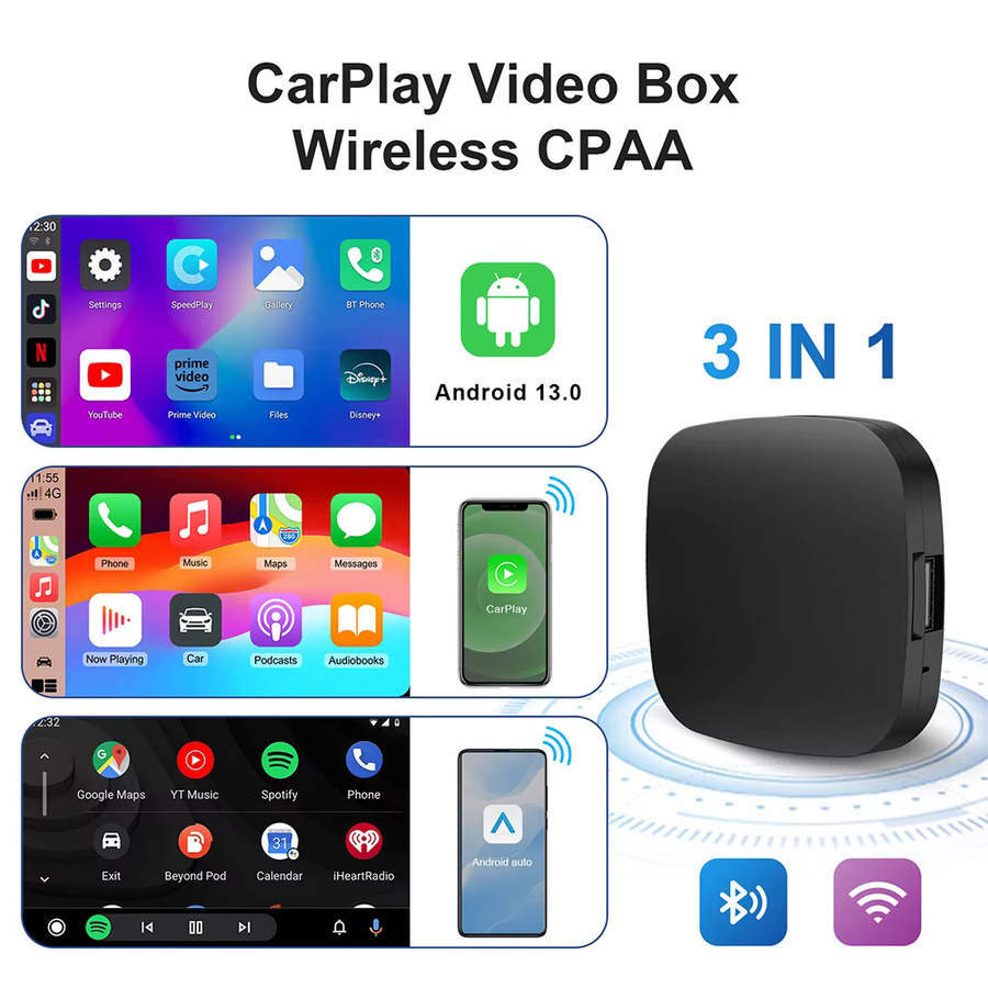 ANYFAR 3-in-1 Android 13.0 CarPlay AI Box USB WLAN Adapter für YouTube und Netflix, Kabellos zu Kabelgebunden, Schwarz - Bild 2