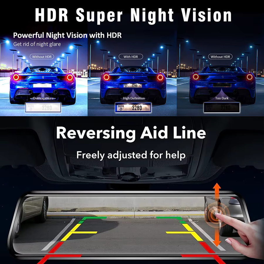 3-Kanal Dashcam mit 10 Zoll OLED-Display, Full HD Auflösung, WiFi und GPS, Rückspiegel Dashcam für dein Auto in Schwarz - Bild 3