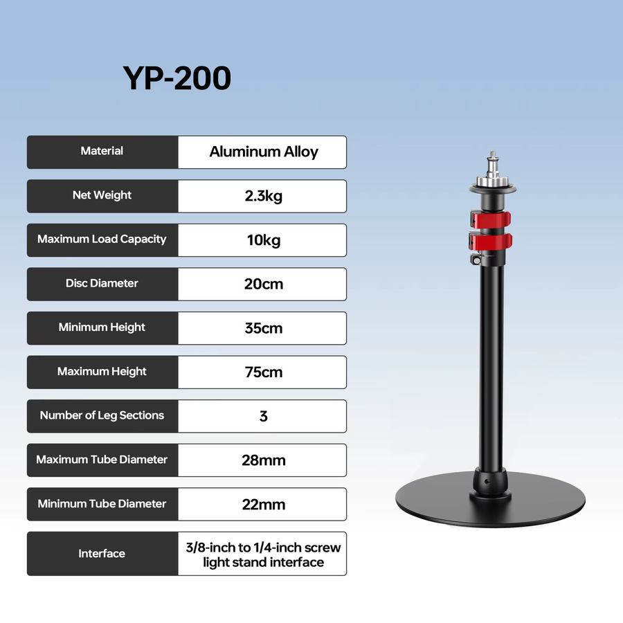 Manbily YP-200 Einbeinstativ aus Aluminium in Schwarz mit rundem Sockel und 28 mm Rohr für Projektoren und Studiolichter, maximale Belastbarkeit 10 kg - Bild 3