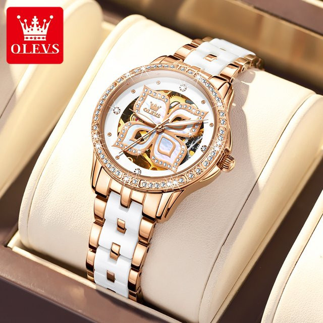 OLEVS Armbanduhr Automatik, Keramik, Roségold, Damen - Bild 1