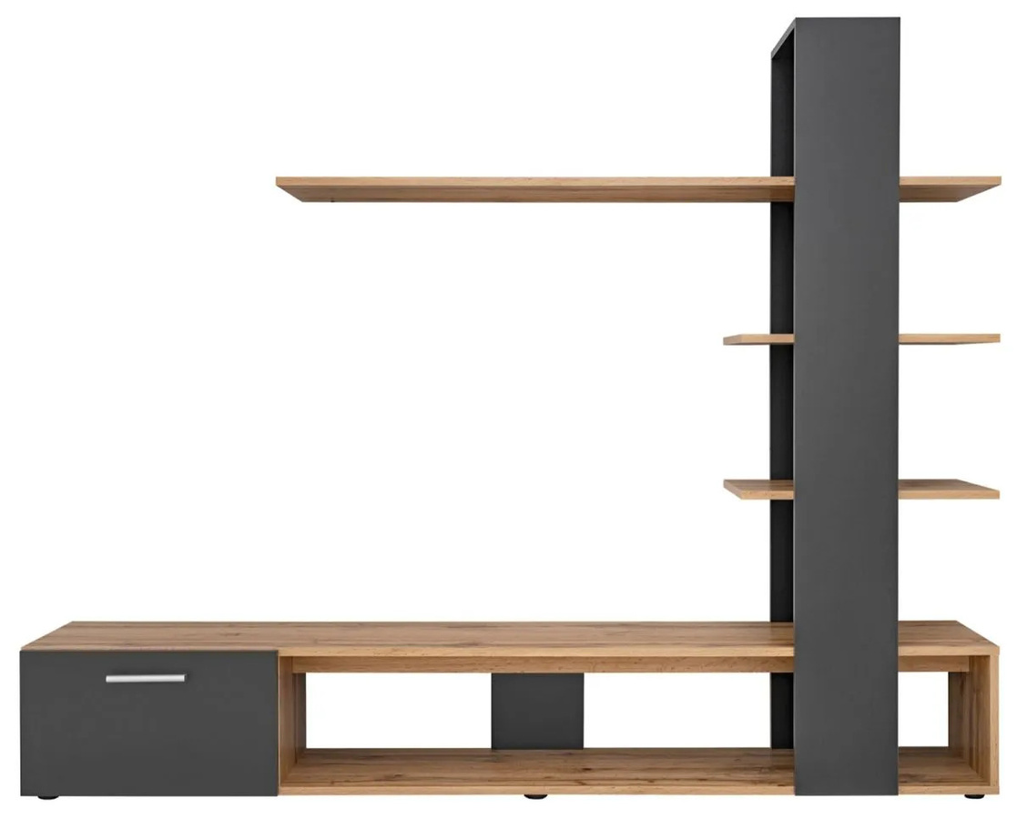 Wohnwand Furn.Design in Schwarz und Wotan Eiche, Lowboard mit offenen Regalen und Türen, Breite: 190 cm - Bild 5