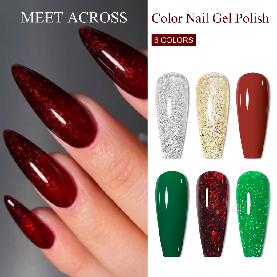 MEET ACROSS Gel Nagellack Set, Rot Grün Glitter, 6 Stück - Bild 2