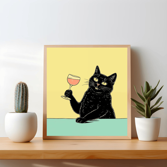 SHENCHEN Wandposter mit schwarzer Katze und gelbem Motiv als skurrile Katzenkunst zur Bar-Dekoration - Bild 1