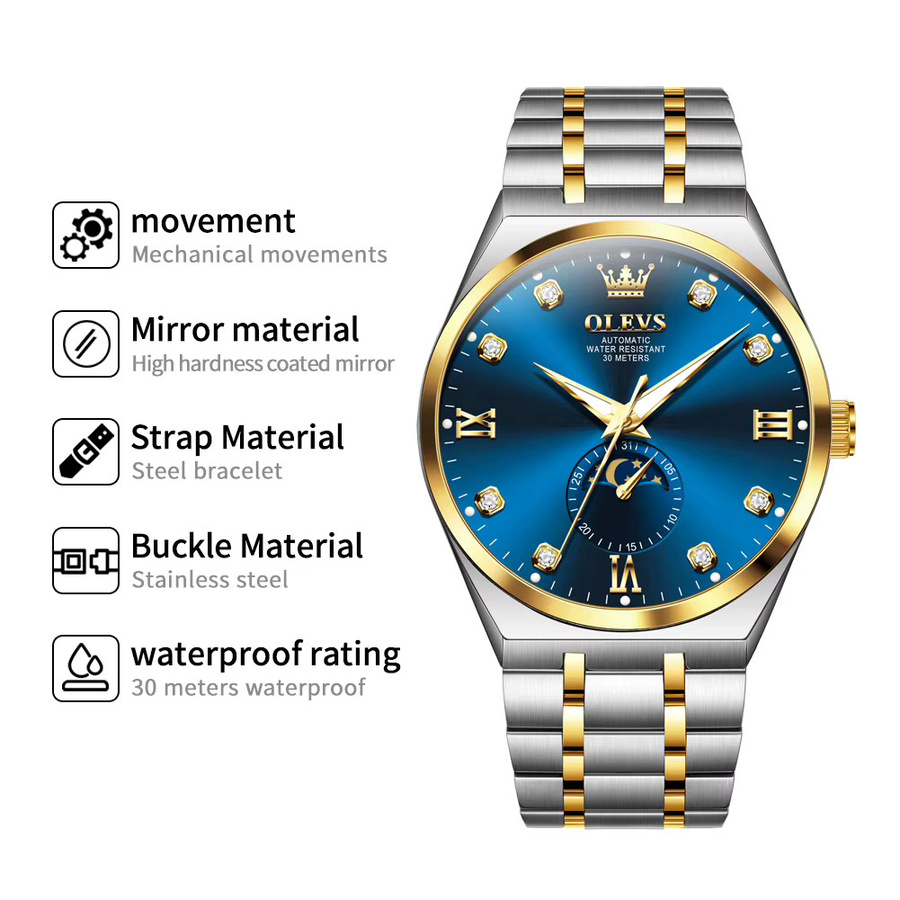 OLEVS Armbanduhr, Automatik, Mondphase, Edelstahl, Blau, Herren - Bild 2