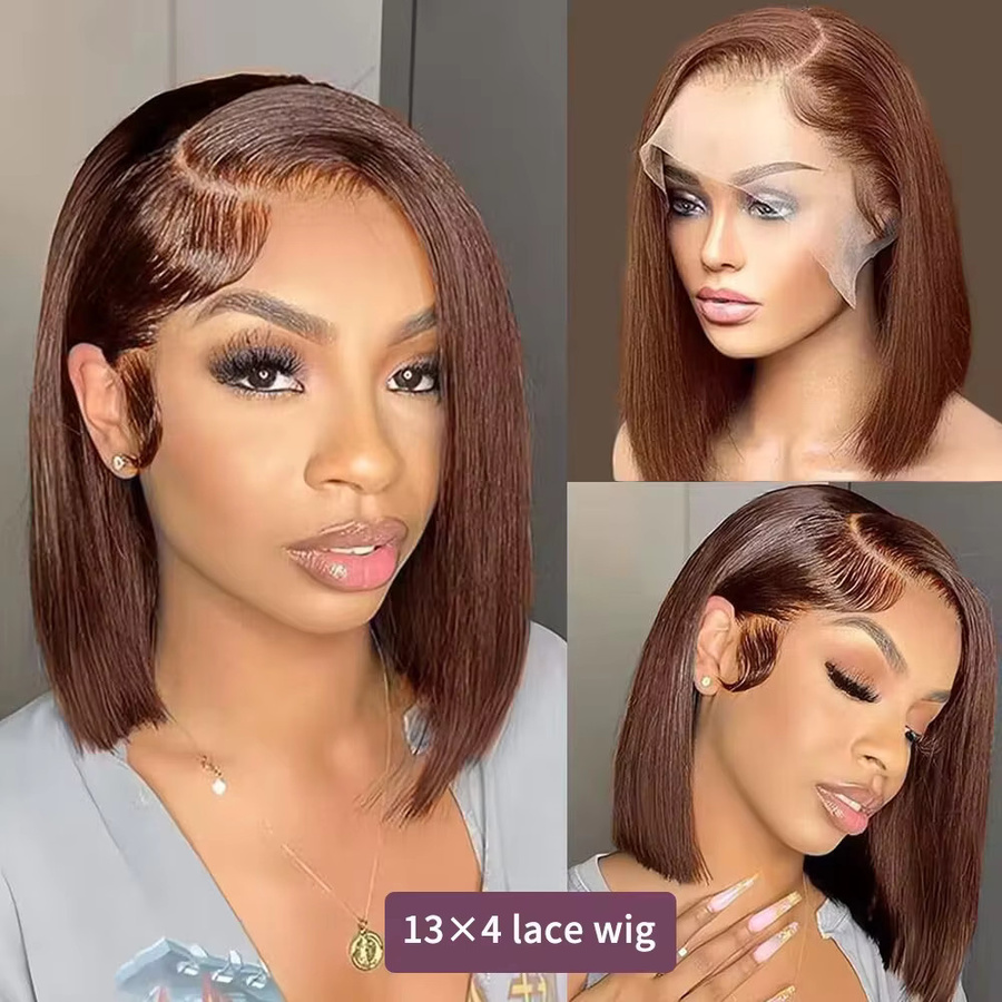 donxue Bob-Perücke, schokoladenbraun, 100 % Echthaar, 13 x 4 Lace-Front, Damen - Bild 3
