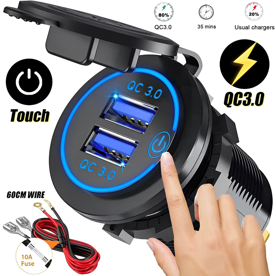 Wasserdichtes Dual USB Auto Ladegerät mit QC3.0 Schnellladefunktion und berührbarem Schalter für 12/24 V in Schwarz - Bild 2