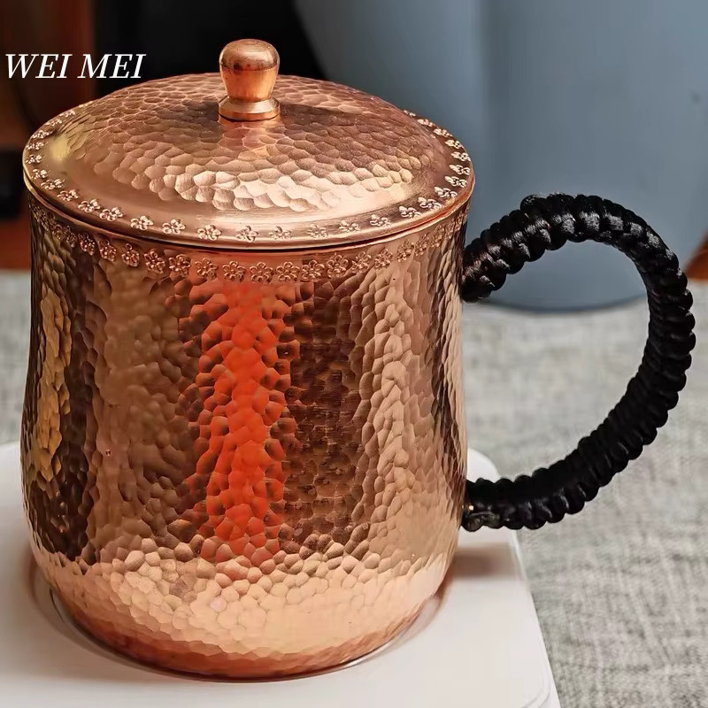 Handgefertigte Vintage Kupfer-Kaffeetasse mit Deckel und Schnitzhammer-Textur in Gold, 500 ml - Bild 4