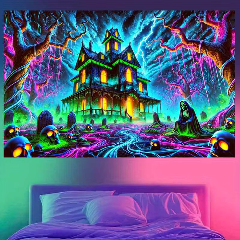 VIKAMA Halloween Wandteppich Dark Night Castle mit Friedhof und Gothic Architektur, Mehrfarbig, Breite: 60 cm, Höhe: 40 cm - Bild 2