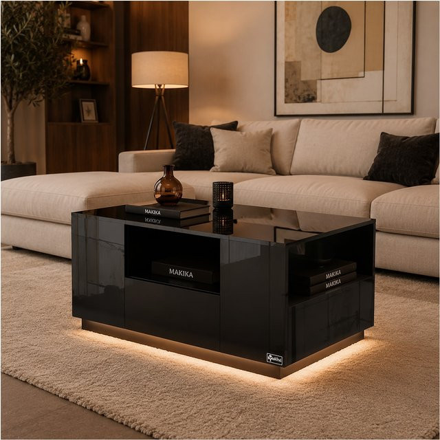 Makika LED Couchtisch in Schwarz Hochglanz mit Ablagefach und Schubladen - Bild 1