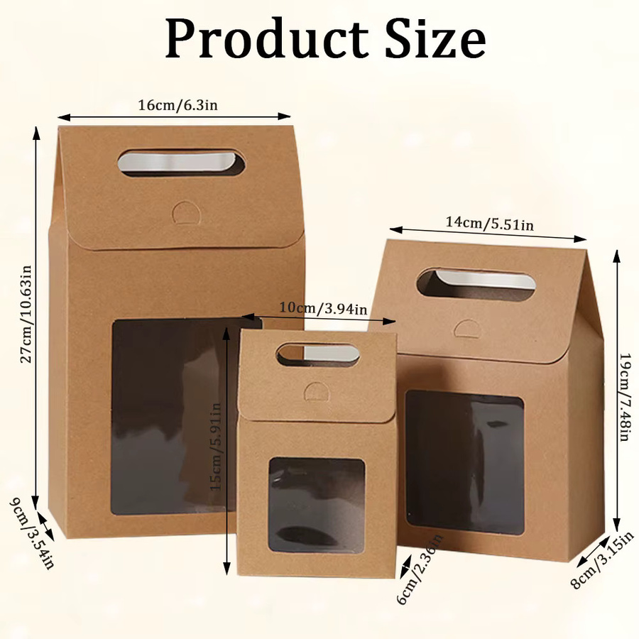 6 oder 12 Stück Kraftpapier-Geschenkboxen mit Fenster und Griffen in Braun zum Falten für Partys und Festbedarf - Bild 2