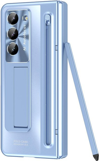 Samsung 360 Grad Vollschutz Scharnierhülle für Galaxy Z Fold 7 6 5 4 3 mit Touch-Stift, faltbare Abdeckung, gehärtete Glasfolie und Ständer in Blau - Bild 1