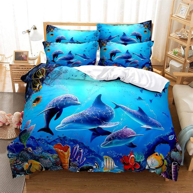 Blaues Delfin Bettwäsche-Set aus Mikrofaser für Kinder und Teenager, 3-teilig mit Bettbezug und Kissenbezügen, B/H: 135 x 200 cm - Bild 1