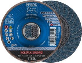PFERD TOOLS POLIFAN STRONG Fächerscheibe PFC 115 mm X-LOCK konisch Z50 SGP STEEL für Stahl Blau - Bild 1