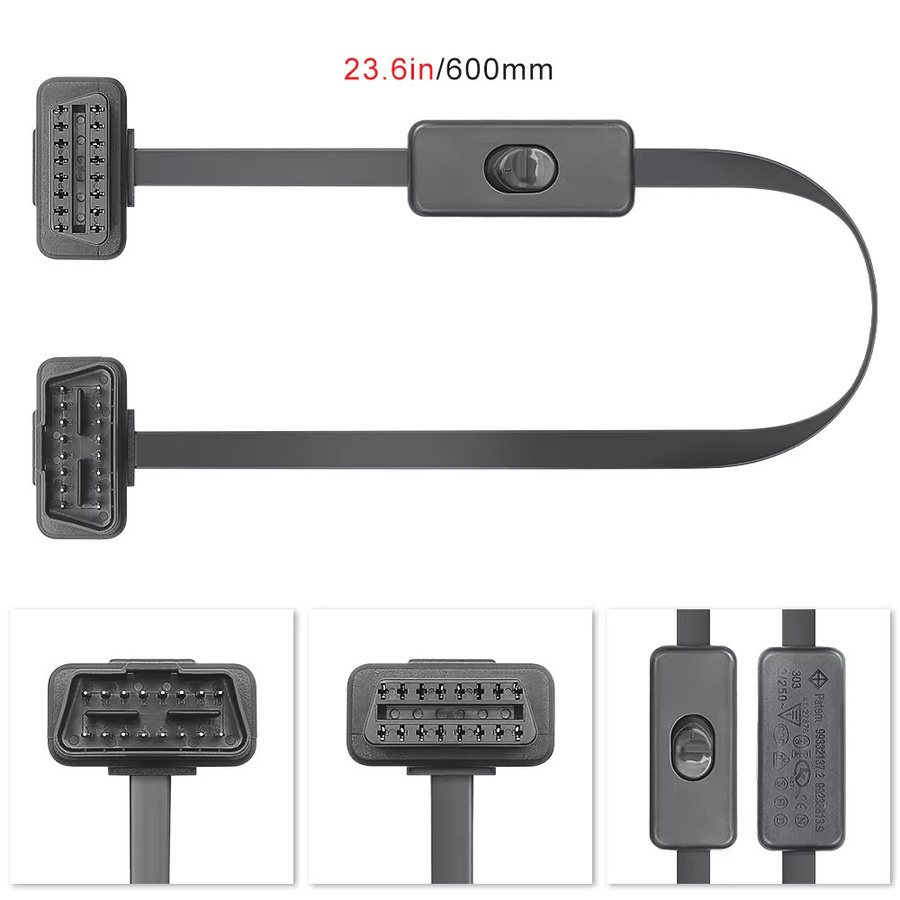 JFIND OBD2 Verlängerungskabel 16pin Flach und Dünn mit Schalter, Schwarz, Länge: 60 cm - Bild 2