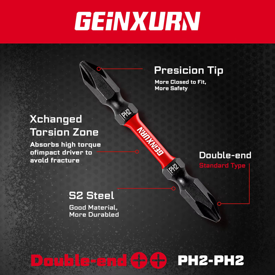 Geinxurn Mixed PH2-PH2 Impact Doppelendiger Power-Bit aus S2-Legierungsstahl für hohe Drehmomente - Bild 4