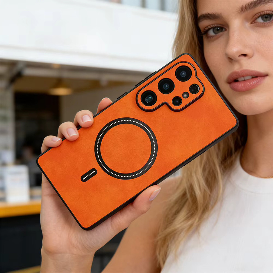 Luxuriöse Lederhülle für Samsung Galaxy S26 S25 S24 S23 S22 Ultra Plus FE mit MagSafe Magnetischem Kabellosem Laden in Orange - Bild 2
