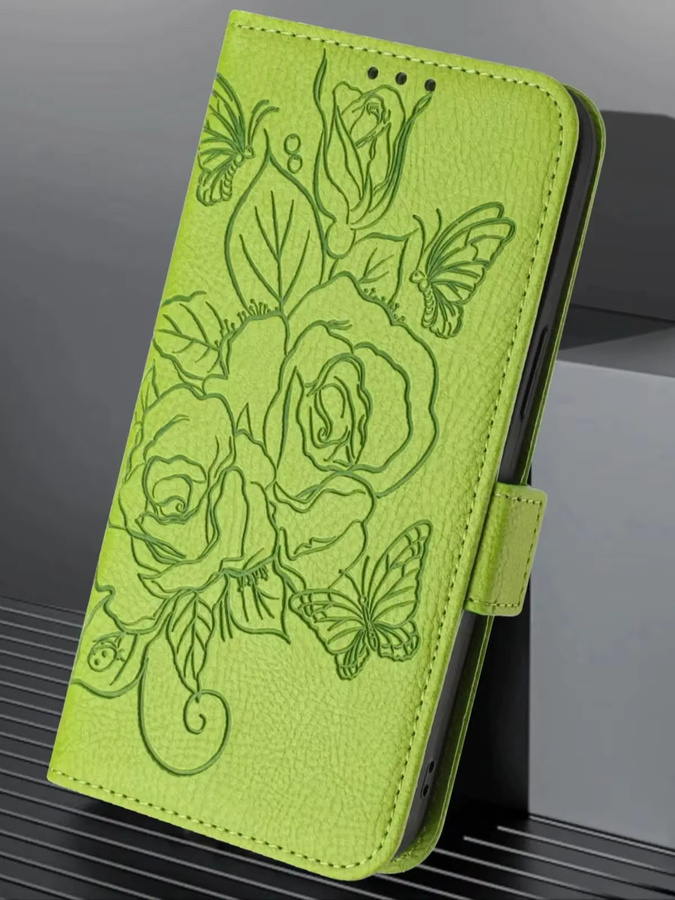 HKNR Leder Handyhülle mit Blumenmuster als Brieftasche und Flip-Cover für iPhone Modelle in Grün - Bild 4