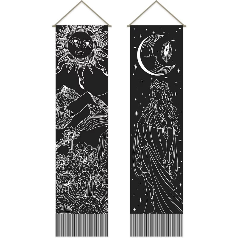 VIKAMA Doppelter Wandteppich im Boho-Stil mit Sonne, Mond und Sternen in Schwarz, B/H: 130 x 33 cm - Bild 5