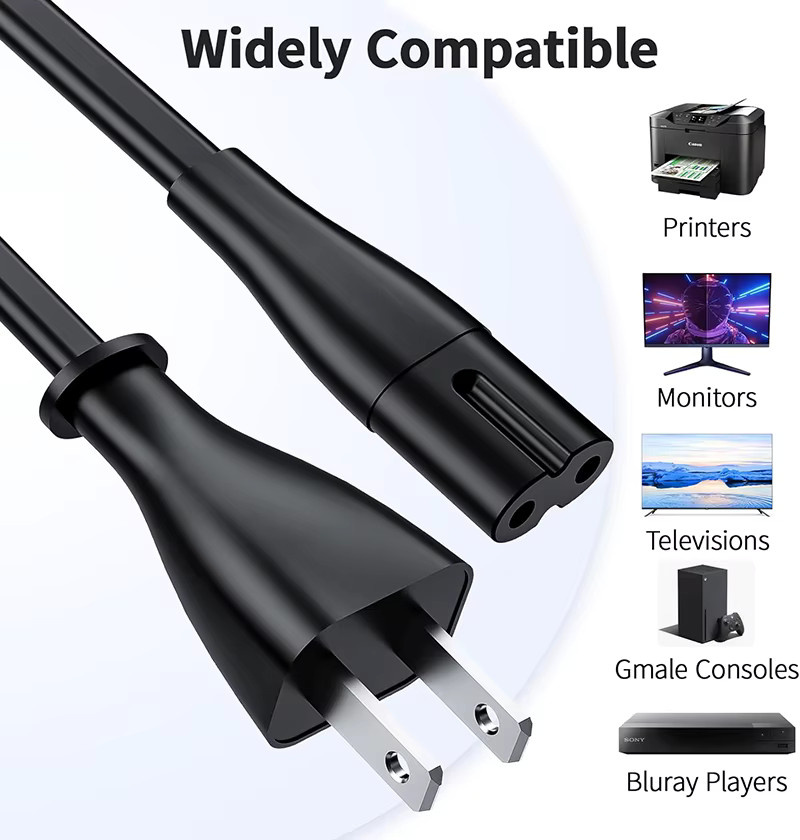 VBDWRM AC-Netzkabel 2-polig EU USA Stromkabel Abbildung 8 IEC 320-C7 in Schwarz für TV, Laptop, Drucker, Scanner, Xbox und PS5 - Bild 2