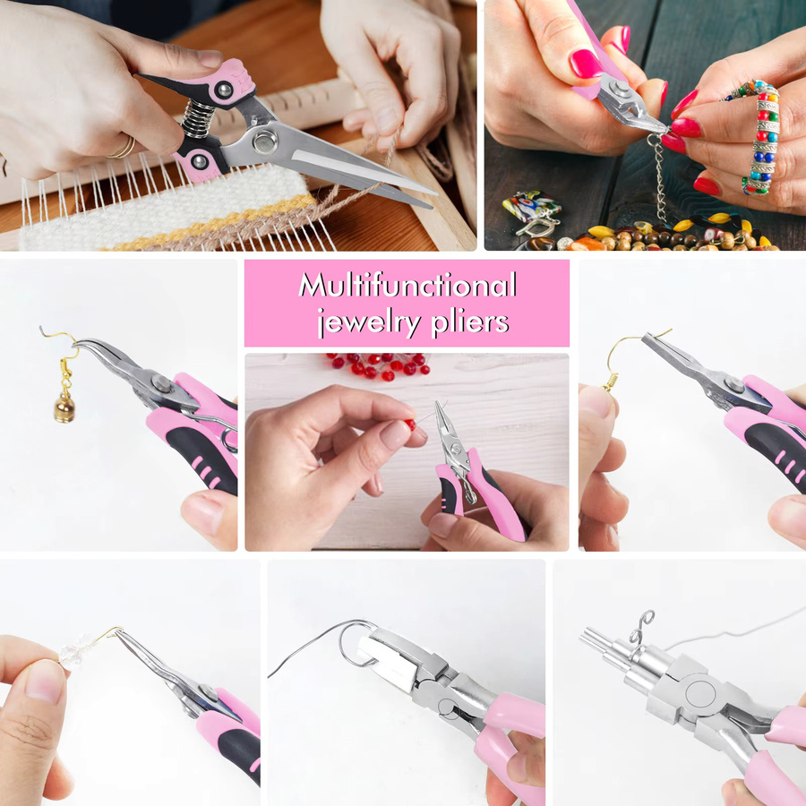 NEWACALOX Mini-Schmuckzangen-Set aus Karbonstahl in Pink mit runden, gebogenen und spitzen Zangen für die DIY-Schmuckherstellung - Bild 3