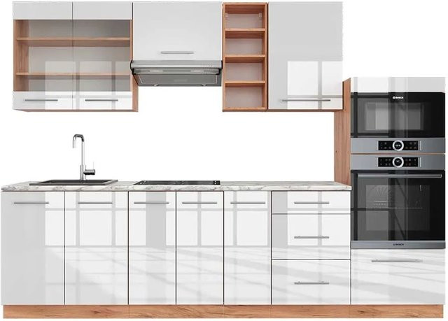 Vicco Fame-Line Küchenzeile Weiß Hochglanz und Goldkraft Eiche mit Marmor-Optik, B: 280 cm, H: 82 cm, T: 60 cm - Bild 1