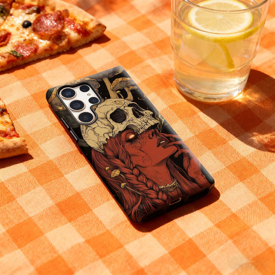 Potdemiel Halloween Handyhülle mit Totenkopf- und Pilzmotiv für Samsung Galaxy S25 Ultra, S24 und S23 Ultra Plus, glänzende doppellagige Rückseite, Multicolor - Bild 3