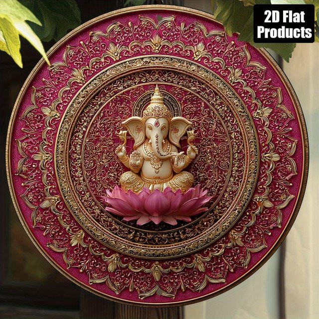 HELLOYOUNG Ganesha und Lotus Wanddekoration in Gold und Pink, Vintage Wandornament mit Tier- und Blumenmotiven, Durchmesser: 20 cm - Bild 1