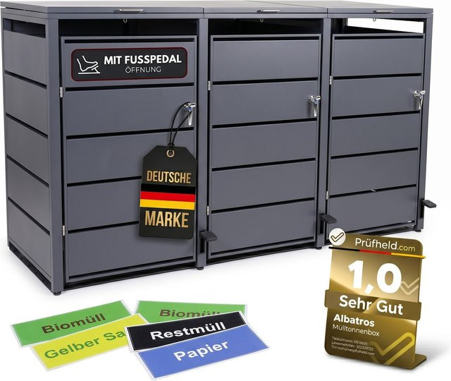 Mülltonnenbox 3er Set mit Pedal für 120L bis 240L Tonnen aus verzinktem Stahl, Anthrazit Grau RAL7016, abschließbar und wetterfest - Bild 1