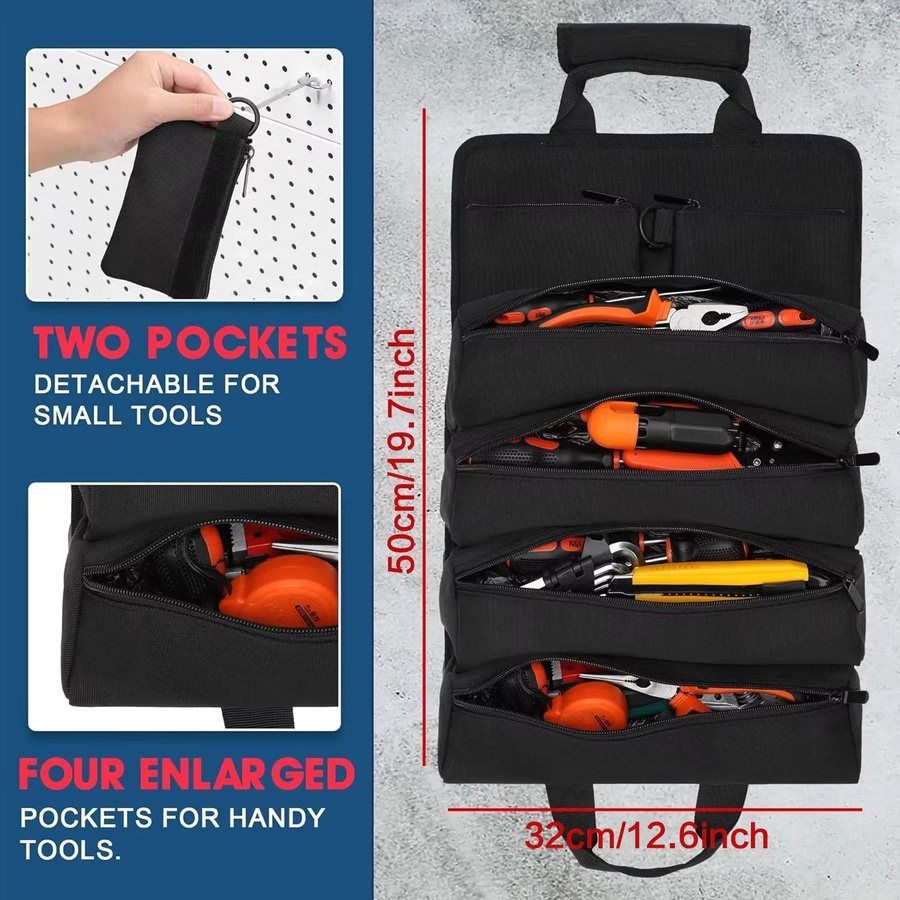 Robuste Werkzeugtasche zum Aufrollen in Schwarz, faltbarer Werkzeug-Organizer mit 2 kleinen Taschen für Mechaniker und Elektriker, B/T/H: 50,0 x 32,0 cm - Bild 2