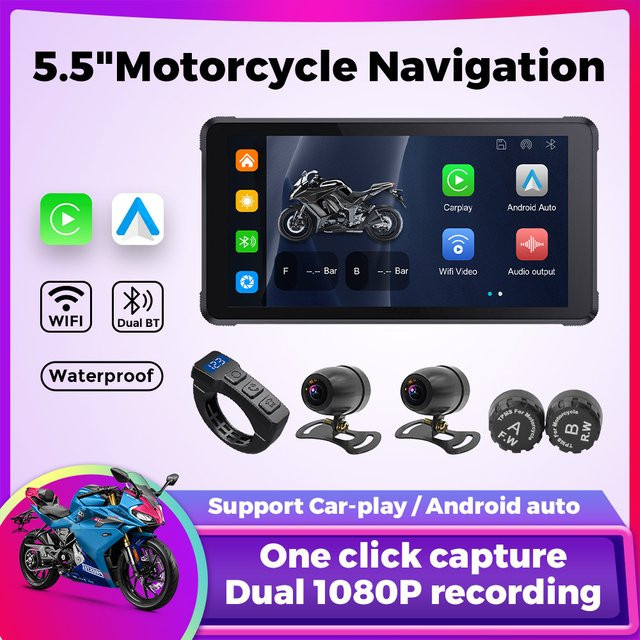 NaviFly 5,5 Zoll Motorrad-Bildschirm mit kabellosem CarPlay, GPS-Navigation, Android-Unterstützung und TPMS, wasserdicht, Schwarz - Bild 1