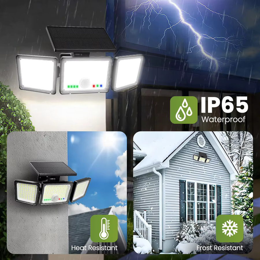 286 LED Solar-Bewegungssensor-Sicherheitsleuchte mit 3 Köpfen, Wasserdichter Solar-Flutlicht in Schwarz für Garten und Garage, Cool White - Bild 6