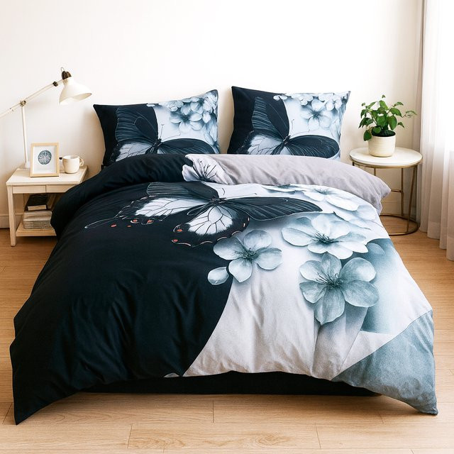 3-teiliges Bettwäsche-Set mit Blumenmuster in Schwarz-Weiß, bestehend aus 1 Bettbezug und 2 Kissenbezügen, B/H: 135 x 200 cm - Bild 1