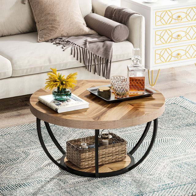 Tribesigns runder Couchtisch im industriellen Design mit 2 Ablageflächen aus Holz, braun - Bild 1