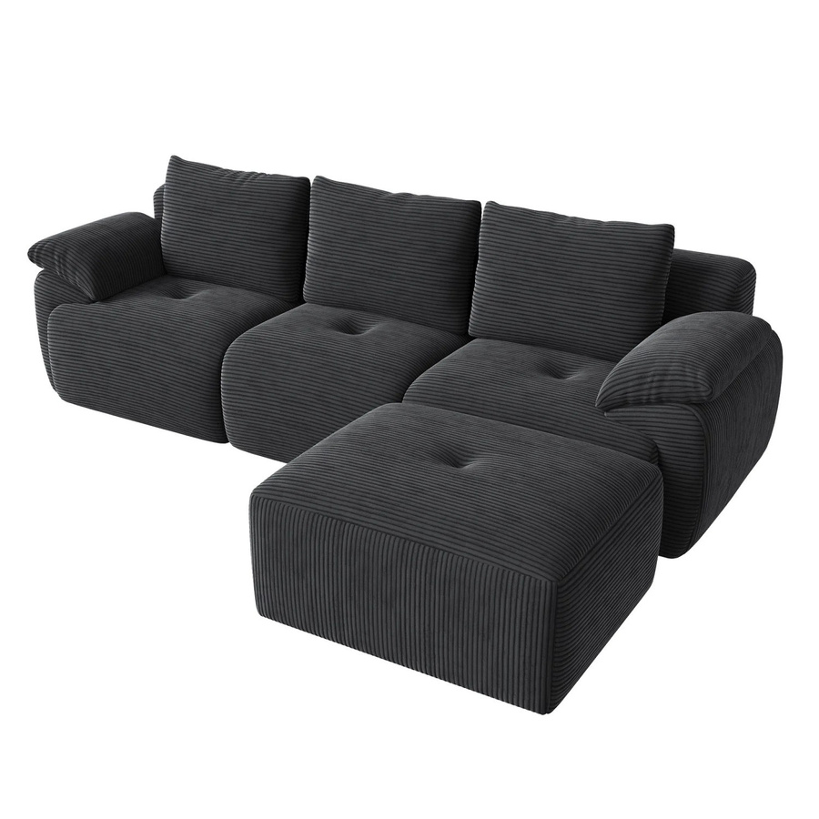 PXloue 3-Sitzer-Sofa in L-Form aus Cordstoff mit Hocker und Armlehnen, modern und wendbar, beige und grau - Bild 2