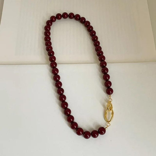 Halskette Damen, dunkelrote Achatperlen, goldbeschichtet, Choker - Bild 1