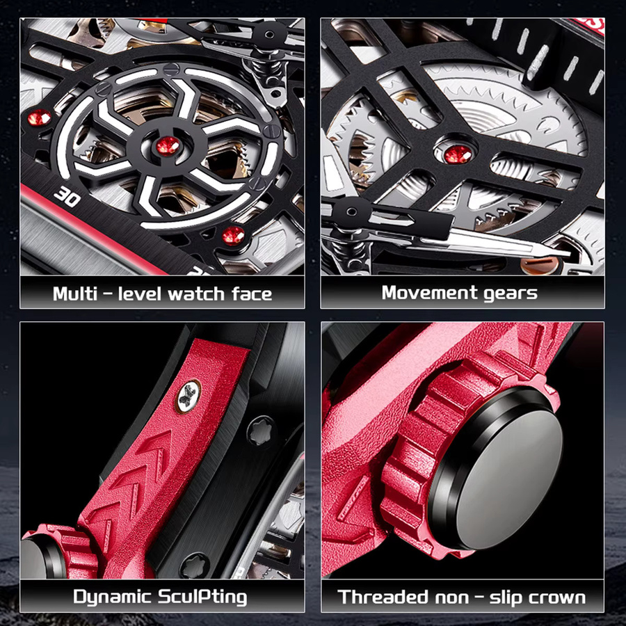 LIGE Armbanduhr Automatik, Skeleton Zifferblatt, Schwarz, Silikon, Herren - Bild 3